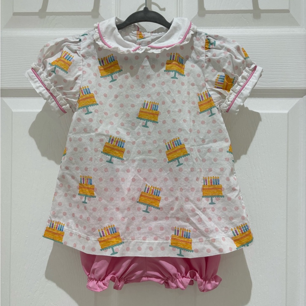 Posh Pickle Birthday Cake print bloomer set with eyelet collar, size 3T